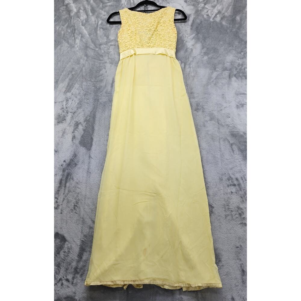 Vintage 60s Gown Size XXS Yellow Crochet Flowers Bow Sleeveless Low Back Formal‎